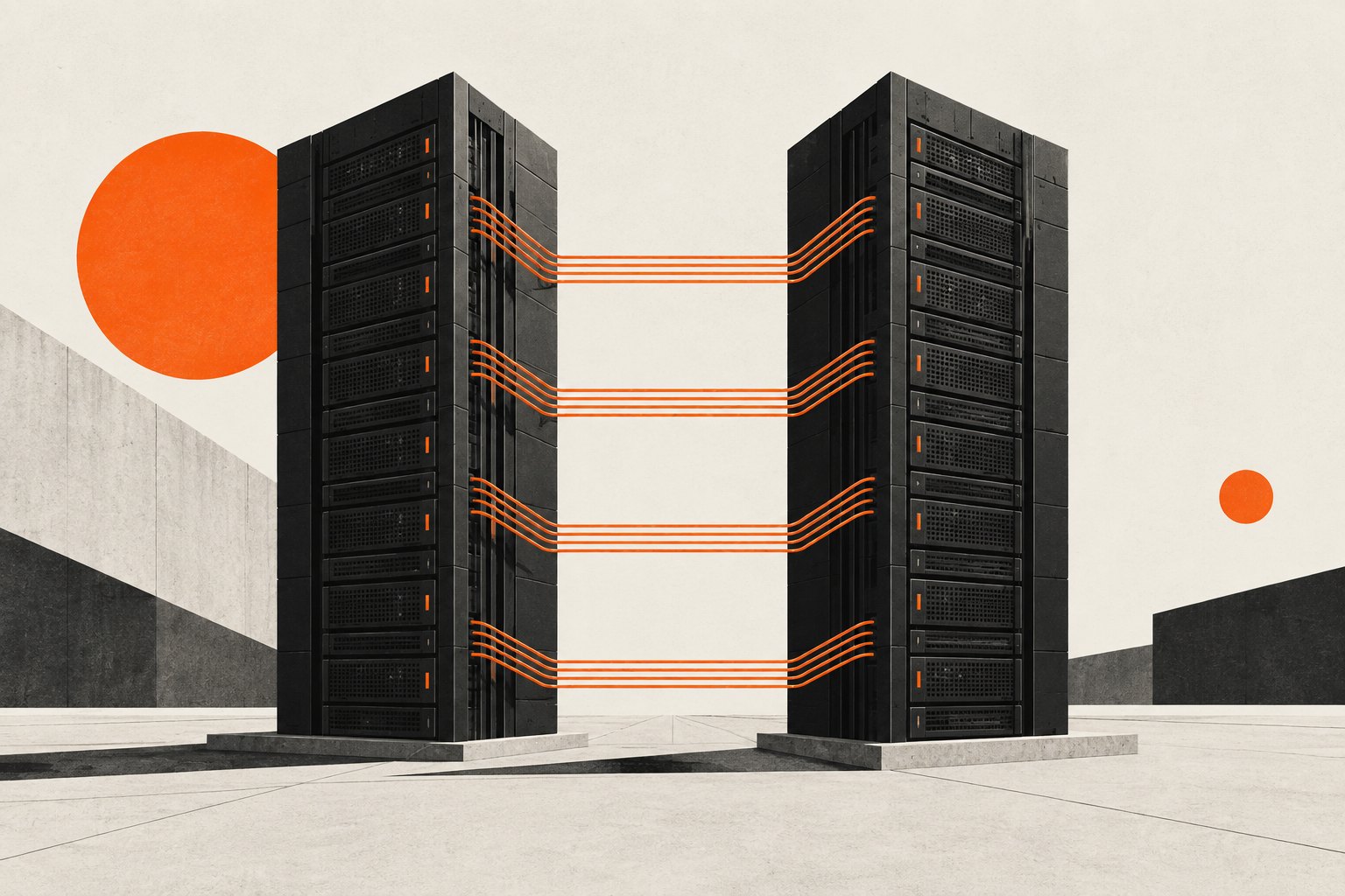 Two black server towers connected by orange lines, illustrating redundant infrastructure.