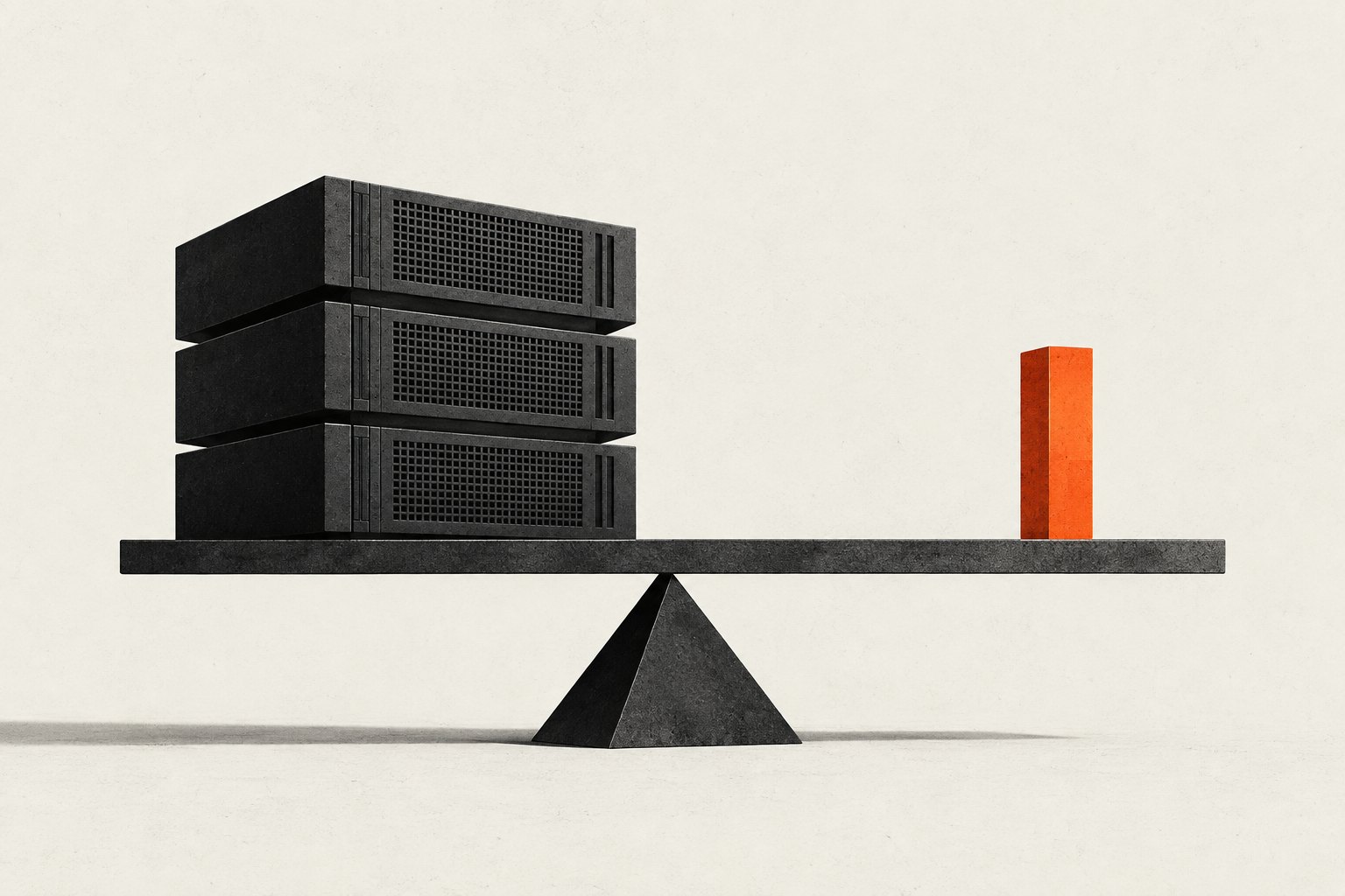 Black compute blocks balanced against an orange bar, illustrating the tradeoff between resources and value.