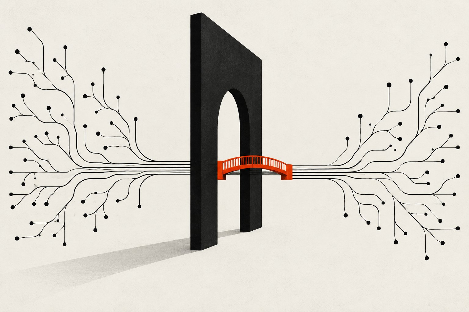 A black architectural gateway and orange bridge connect two branching networks of routing lines.