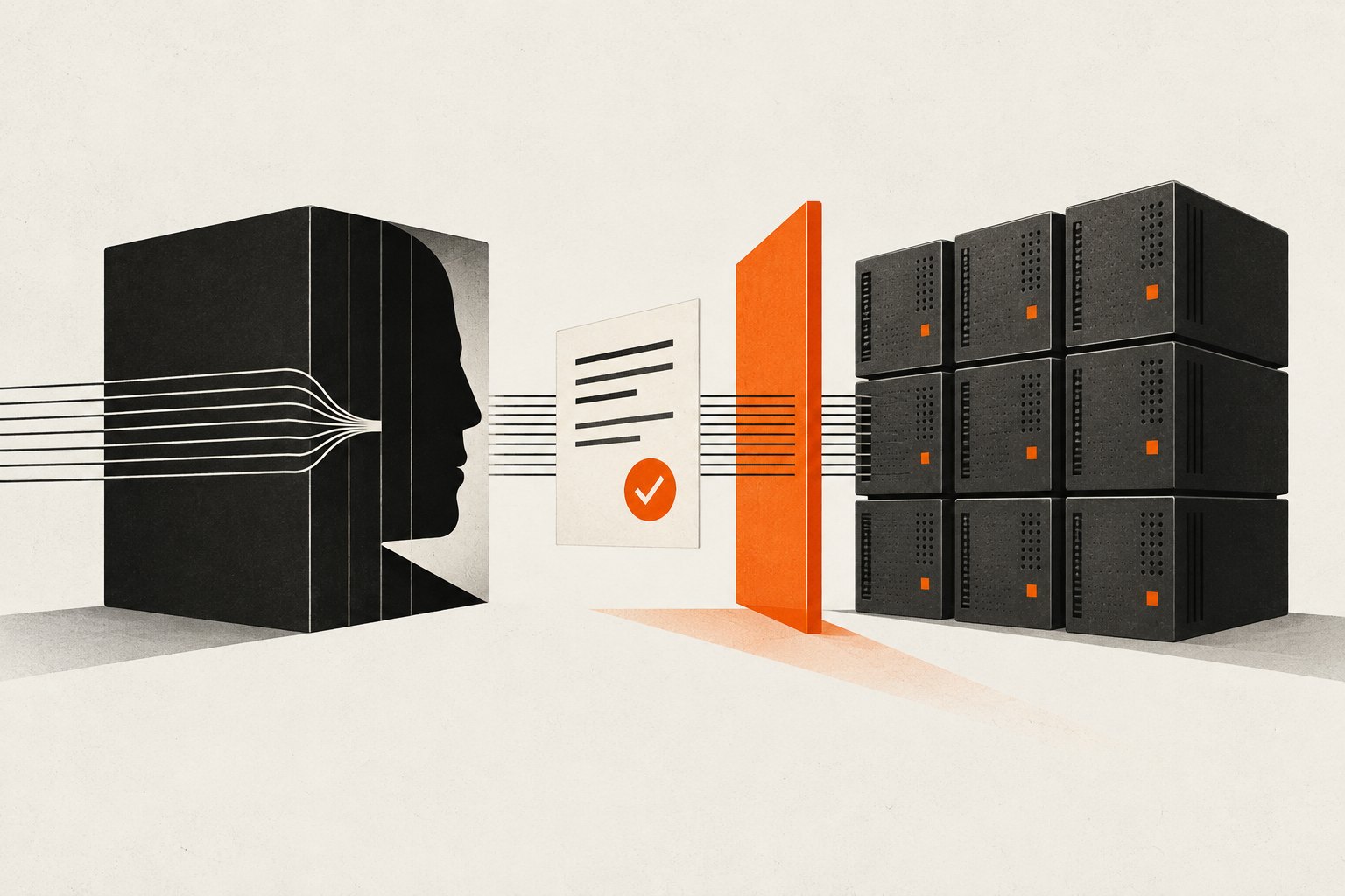A language-processing block faces a server grid through an orange validation gate and an approval sheet.