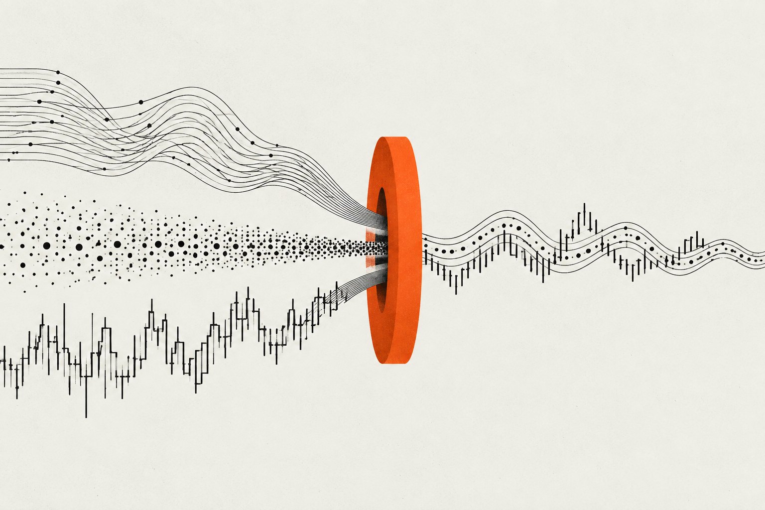 Three streams of lines, dots and waveforms converge through an orange ring, representing correlated telemetry.