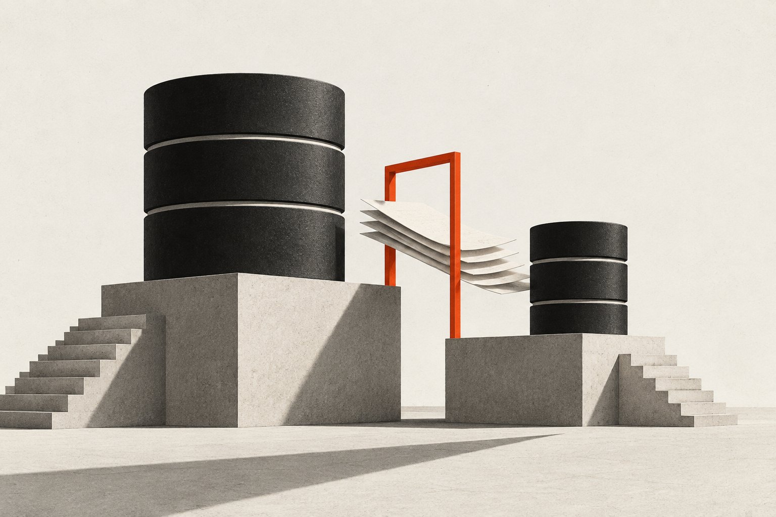 Two black database cylinders on separate plinths are linked by test sheets through an orange checkpoint.