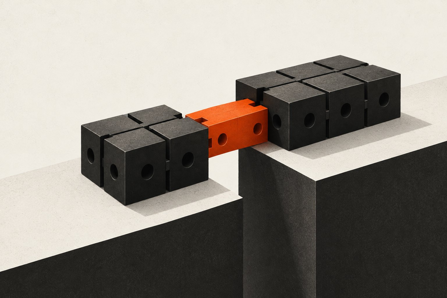 Black modular engineering blocks on two platforms are joined by an orange compatibility connector.