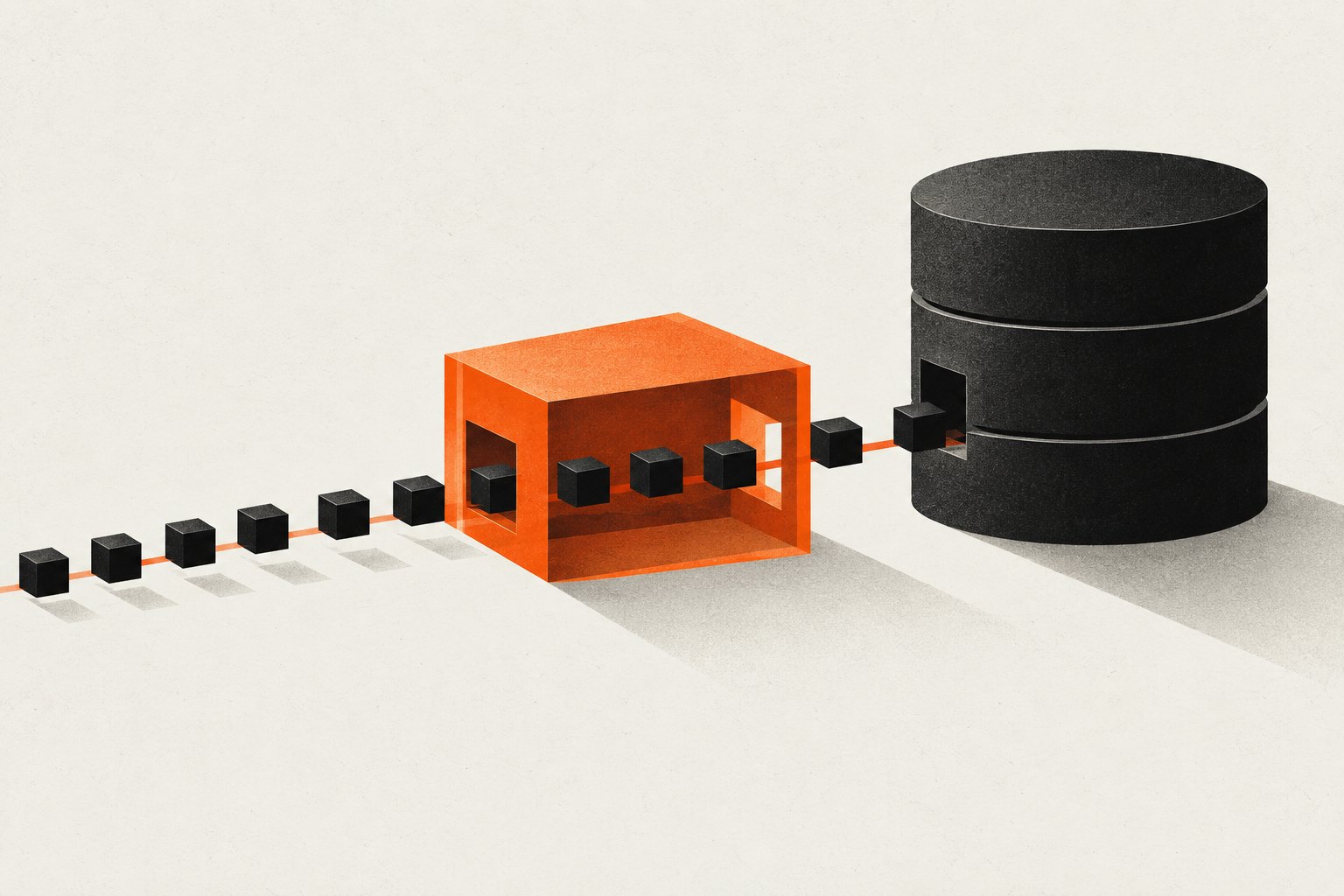 Small black request blocks pass through an orange cache chamber beside a large database cylinder.
