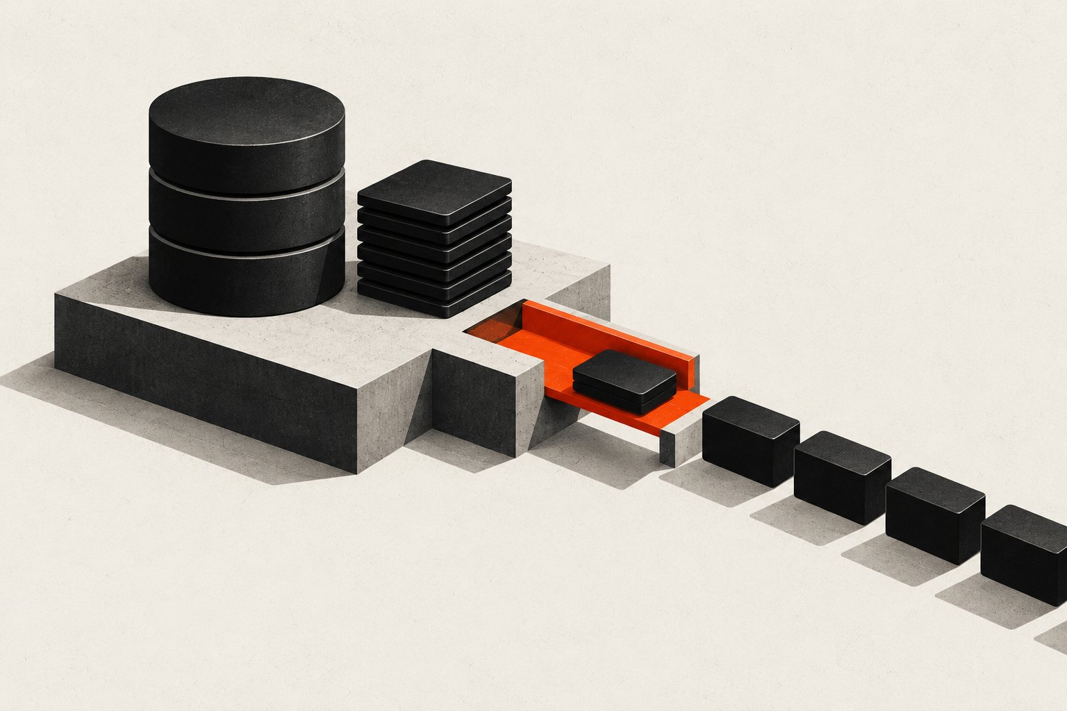 A black database cylinder and event tiles share a plinth, with an orange relay carrying messages toward a separate stream.